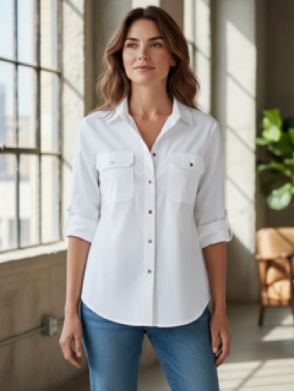 Zac & Rachel 3/4 Tabbed Sleeve Button Front 2 Chest Pockets Size L